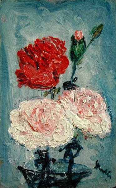 Nelliker i en glassvase (olje på panel) av George Leslie Hunter