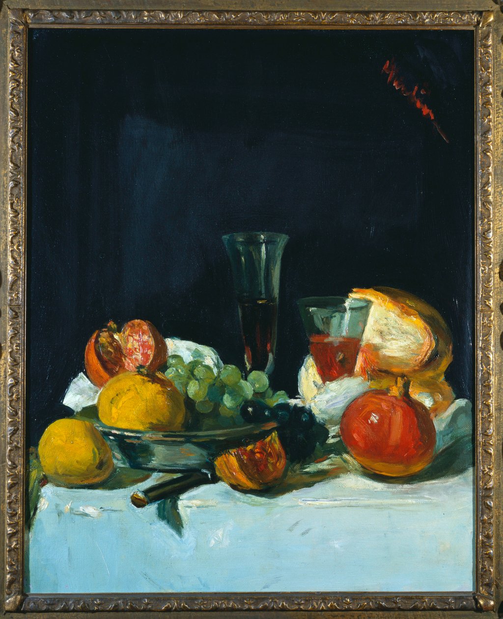 Druer, sitroner og granatepler med hvitvinsglass og brød av George Leslie Hunter