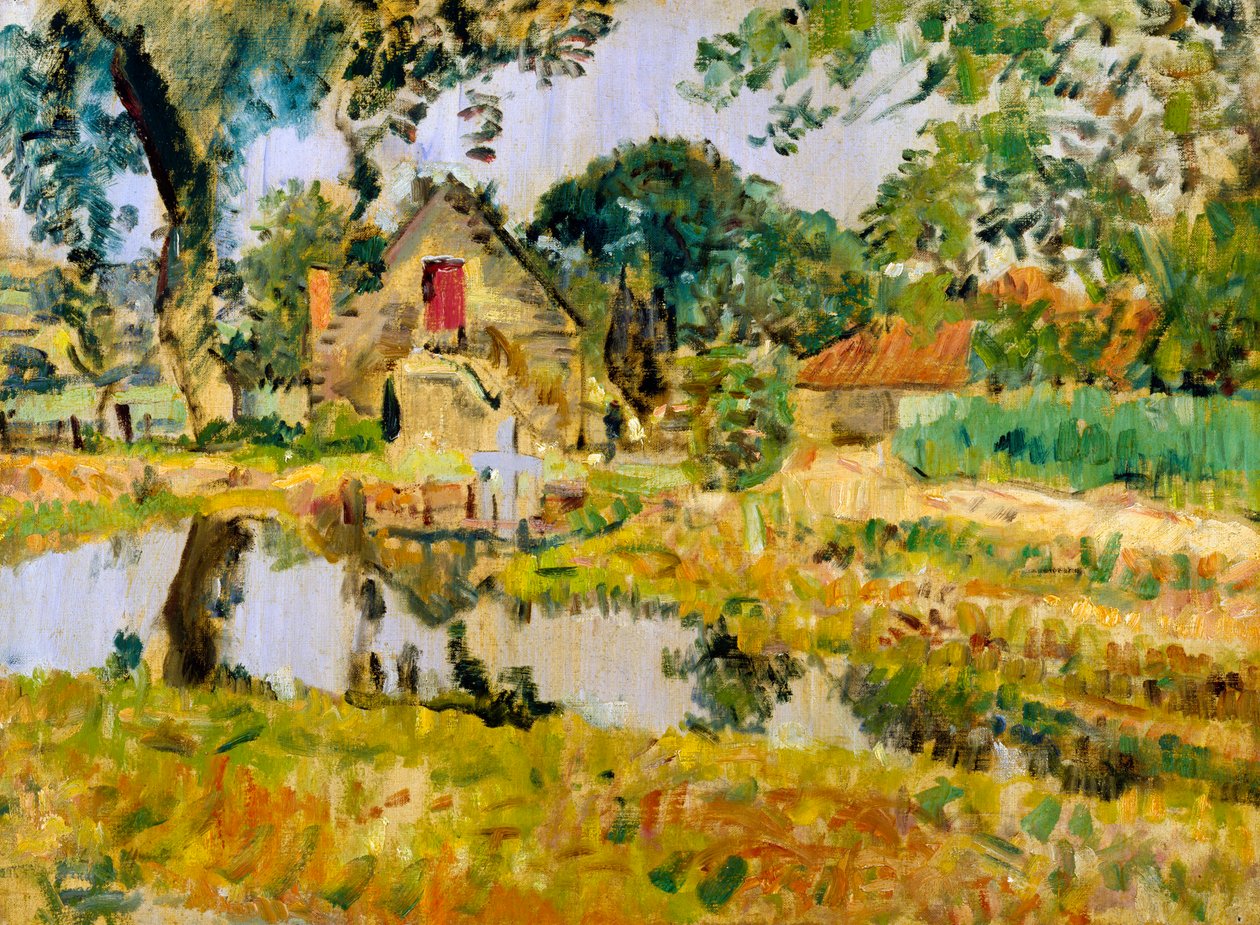 Old Mill, Fifeshire (olje på lerret) av George Leslie Hunter