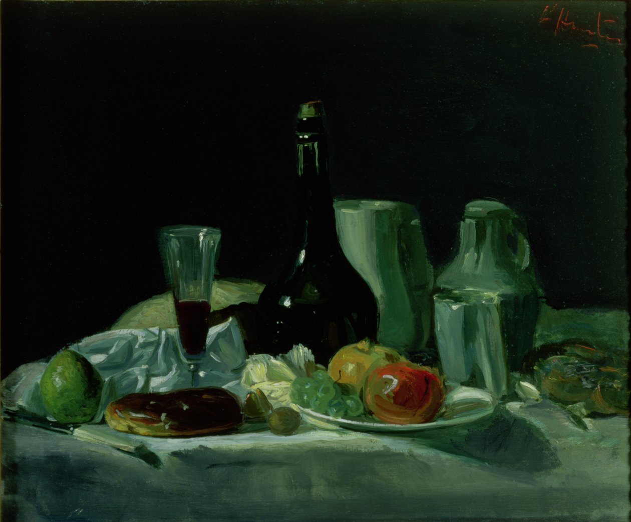 Stilleben - flaske og frukt av George Leslie Hunter