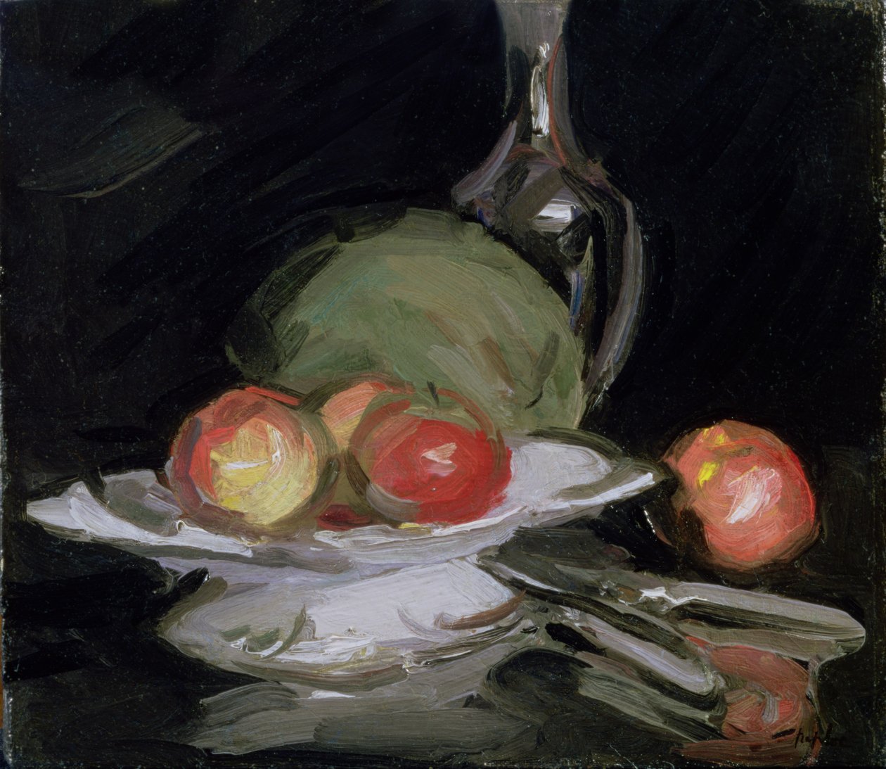 Stillebenskål med frukt, melon og karaffel av George Leslie Hunter