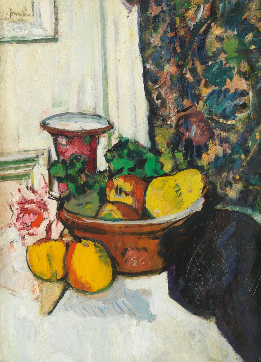 Stilleben med frukt og rosa rose (olje om bord) av George Leslie Hunter