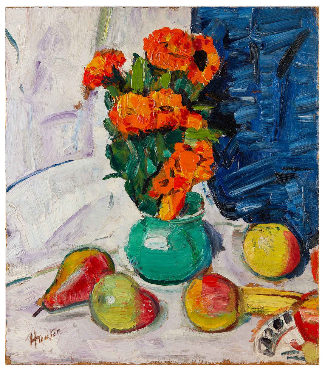 Stilleben med ringblomster (olje om bord) av George Leslie Hunter