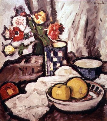 Stilleben av roser og frukt (olje på lerret) av George Leslie Hunter