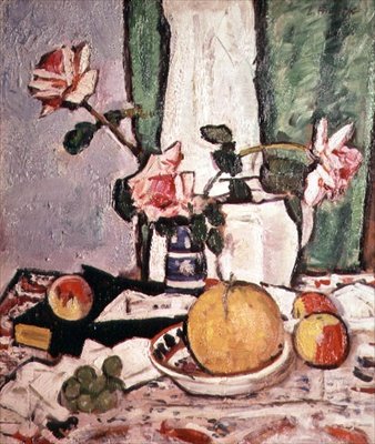Stilleben av roser og en grapefrukt (olje på lerret) av George Leslie Hunter