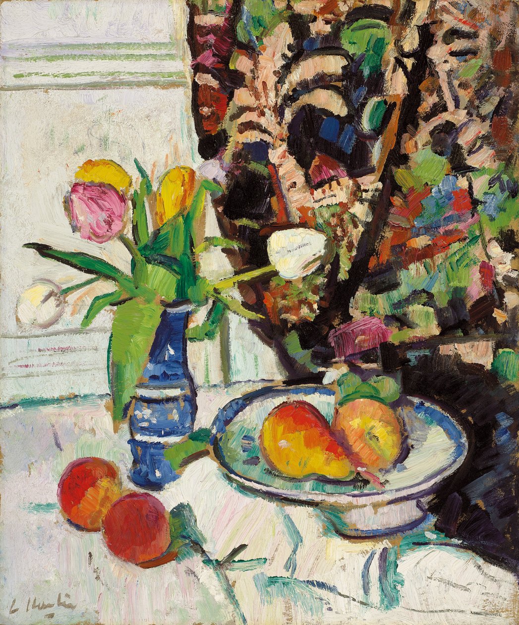 Stilleben med tulipaner og frukt, av George Leslie Hunter