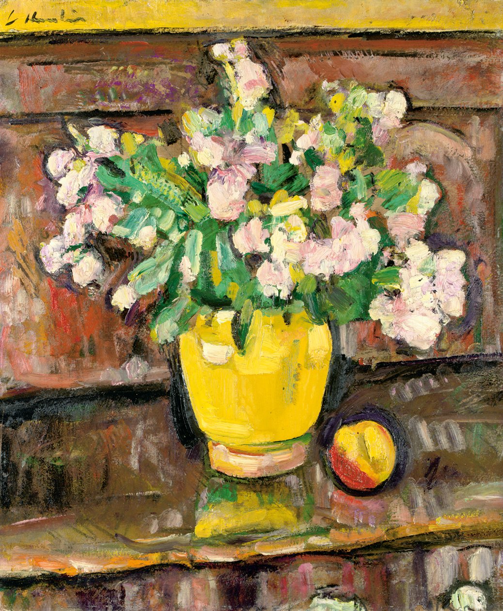 Stilleben med blomster i en gul vase av George Leslie Hunter