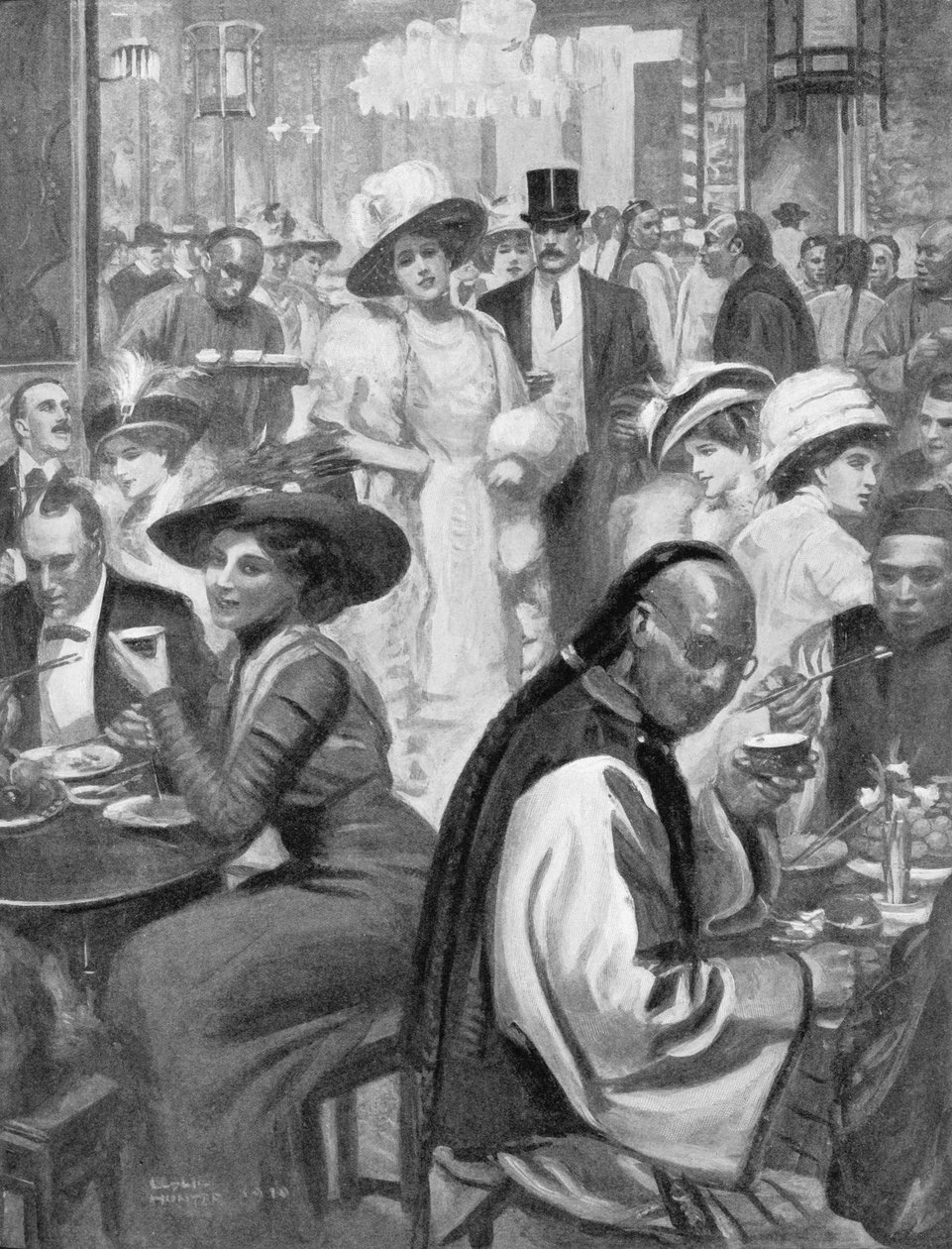 The Latest Craze of American Society, New Yorkere som spiser på en kinesisk restaurant, illustrasjon fra 'The Graphic' Magazine, 1911 av George Leslie Hunter