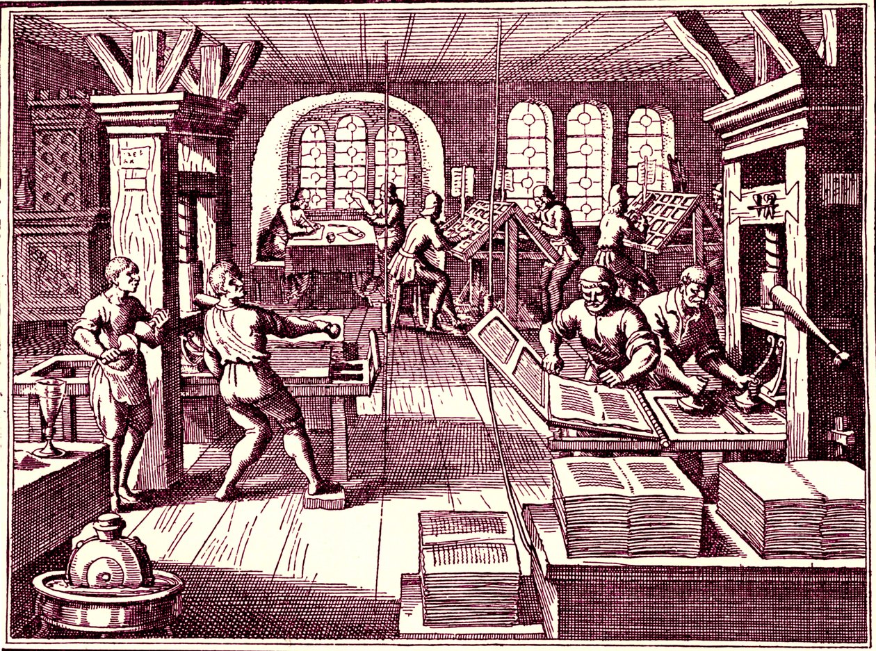 Inne i en trykkeri, Tyskland 1619 (gravering) av Bartolome Esteban and studio Murillo