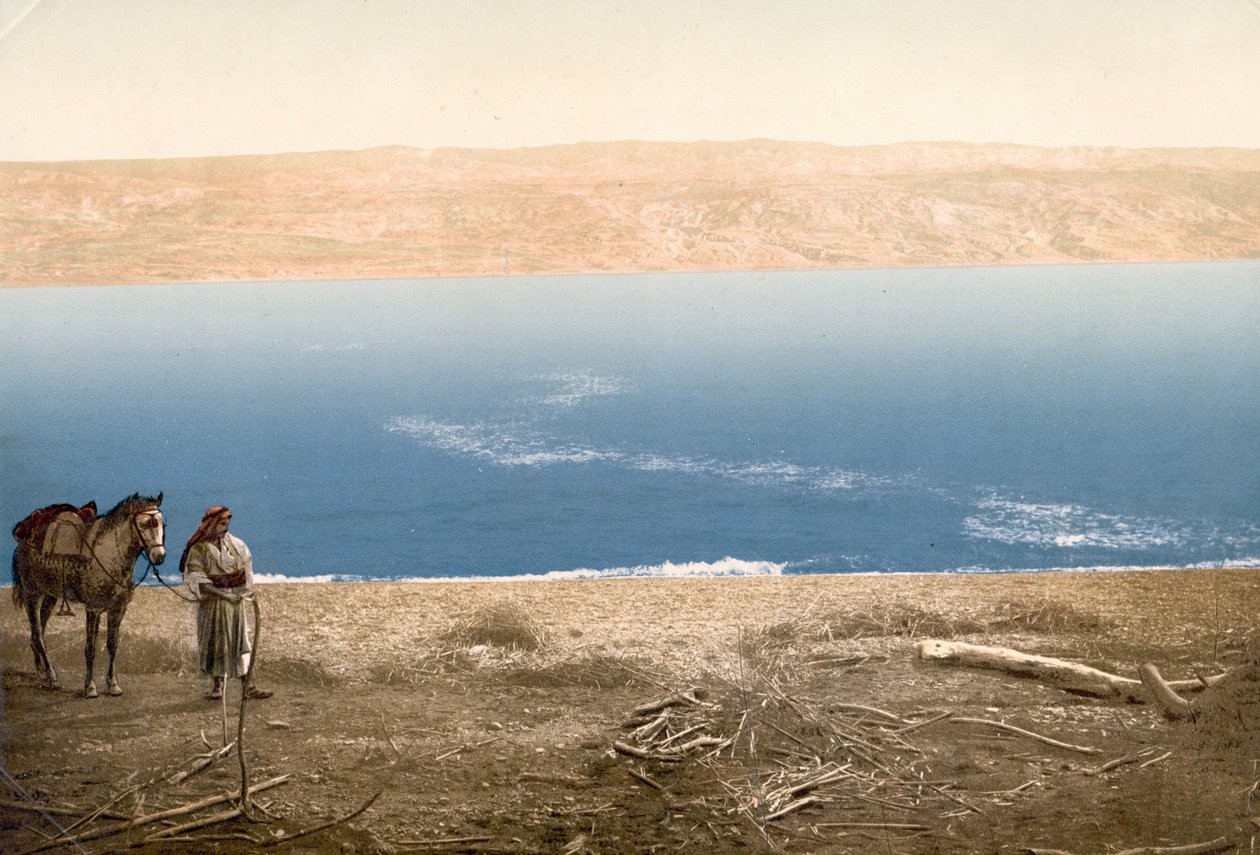 Mann med hest som står nær Dødehavet, ca. 1890-c. 1900 (fotokromtrykk) av Bartolome Esteban and studio Murillo