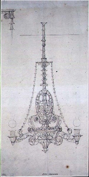 Design for en lysekrone (penn og sepiablekk på papir) av George Maddox