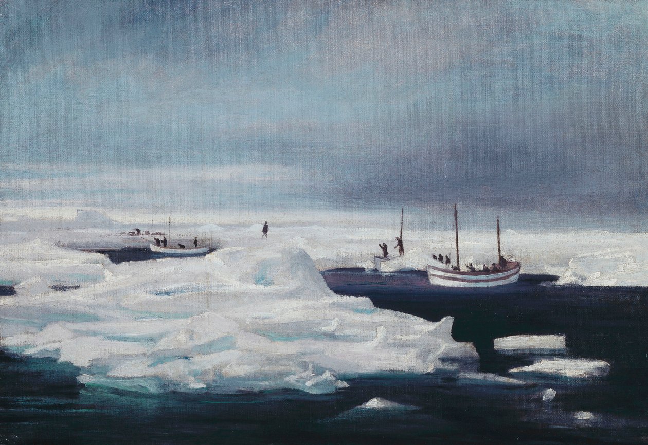 James Caird, Dudley Docker og Stancomb Wills fortøyd til isflaket i Weddellhavet, april 1916 av George Marston