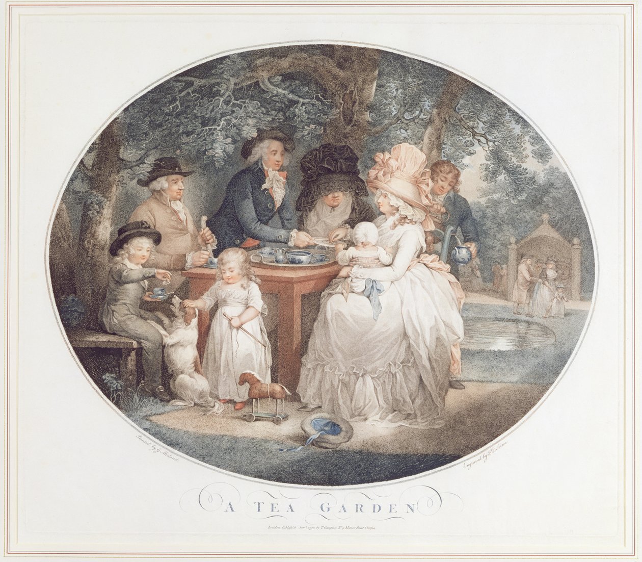 En tehage, gravering av fargestikk etter Morland av Francois David Saron (født 1764) av George Morland