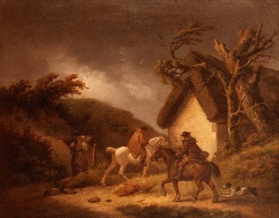 Et stormfullt skoglandskap med reisende av George Morland