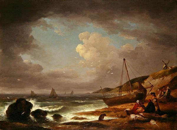 Kystscene med menn som reparerer en båt (olje på lerret) av George Morland