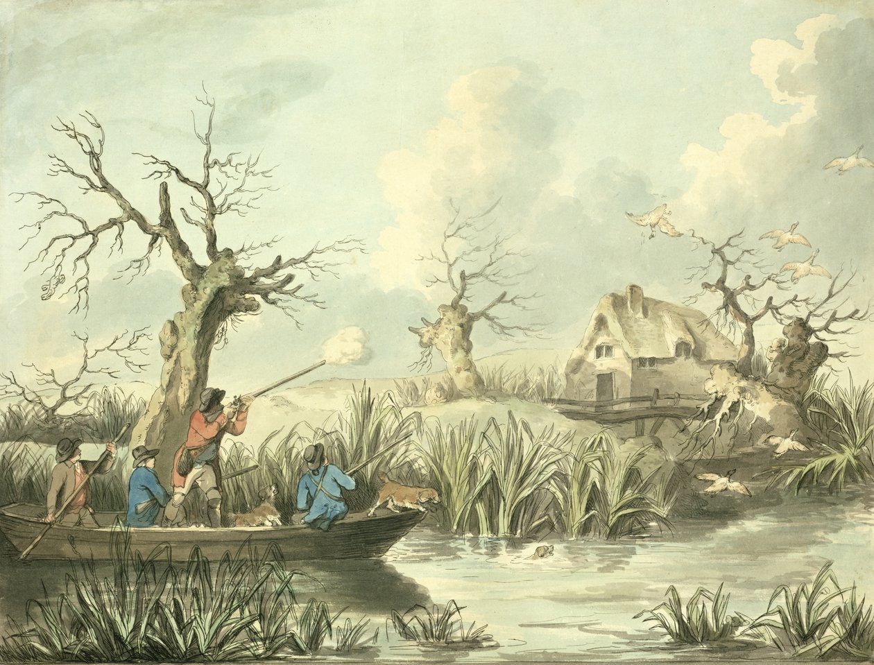 Duck Shooting, etset av Thomas Rowlandson (1756-1827), pub. av J. Harris, 1789 (farget etsning) (se også 125725-27) av George Morland