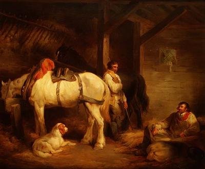 Arbeidere og karthester i et stabilt interiør av George Morland