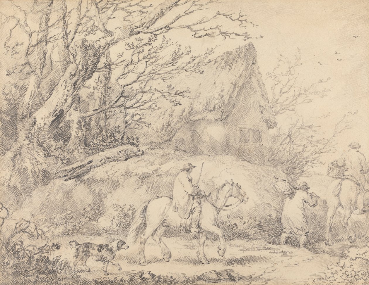 Landskap med hytte og figurer til hest av George Morland