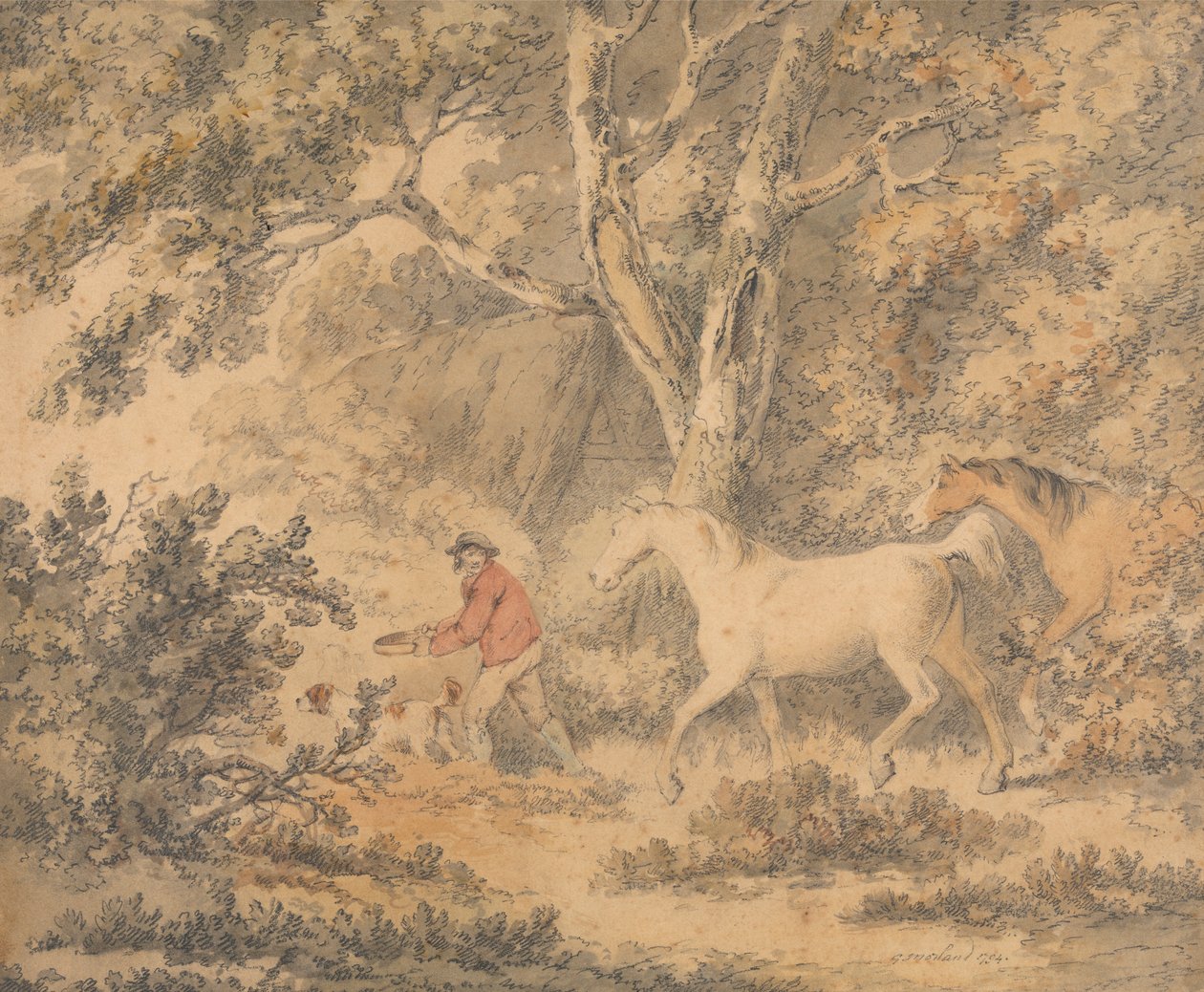 Landskap med hester, bonde og hund av George Morland