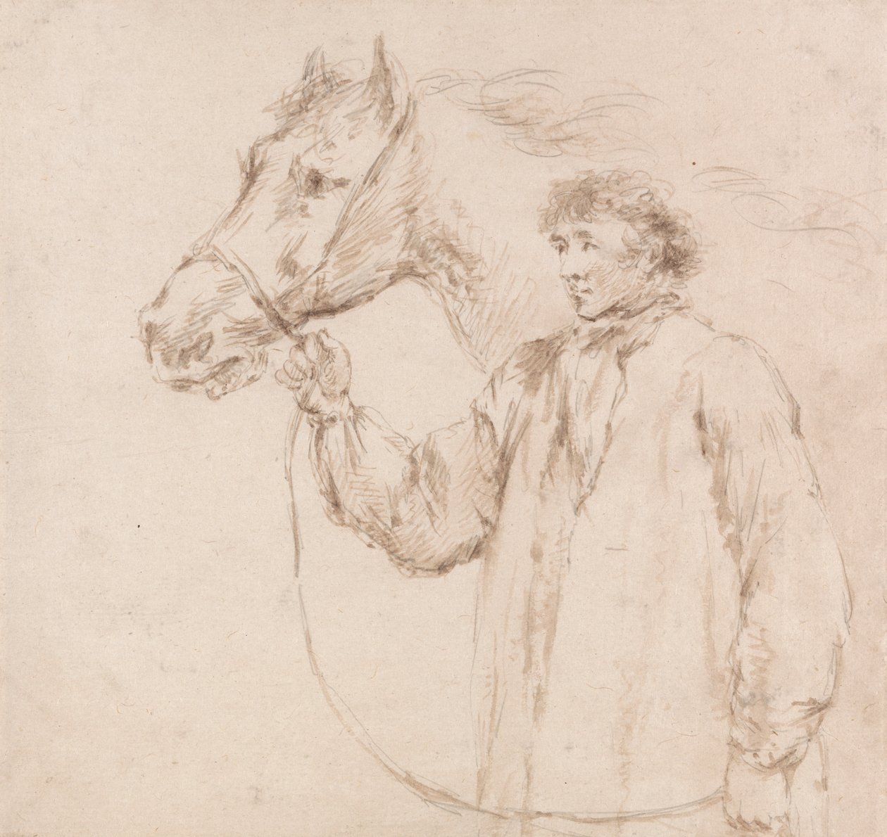 Mann som holder hest ved hodelaget av George Morland