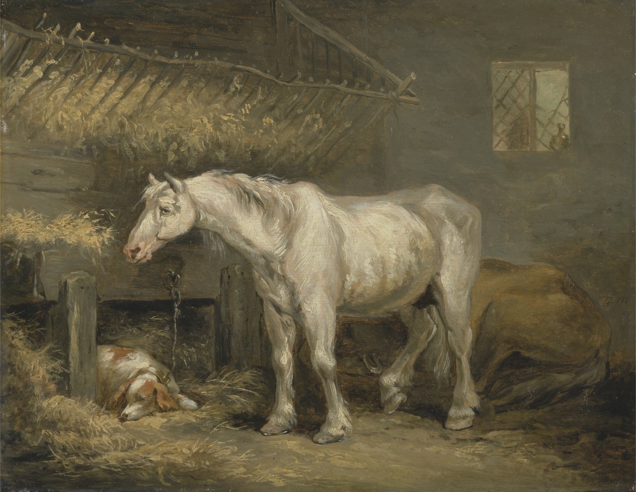 Gamle hester med en hund i en stall, ca. 1791 (olje på panel) av George Morland