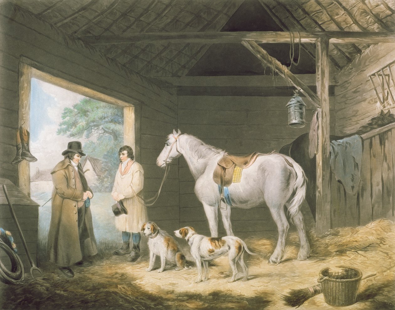 Paying the Hostler, gravert av Samuel William Reynolds (1773-1835), pub. av H. Macklin, 1805 (mezzotintgravering) av George Morland