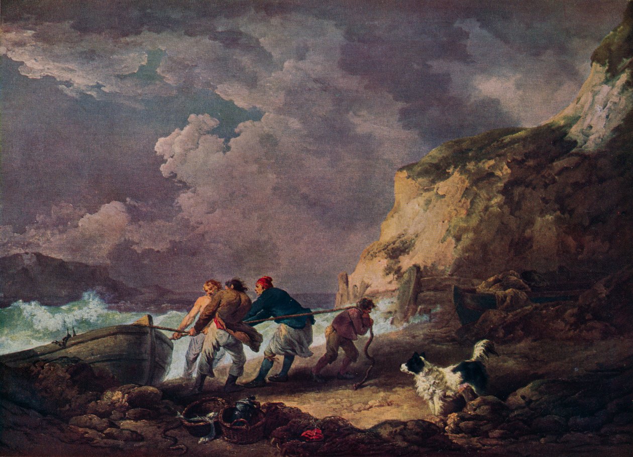 Strand: Fiskere som drar i en båt, 1791. av George Morland