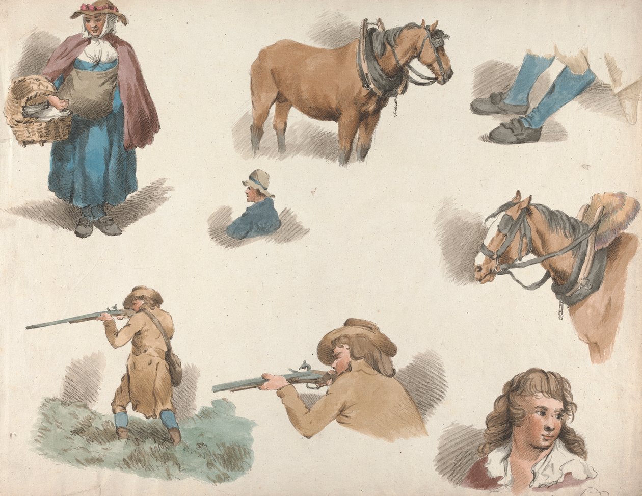 Sett med fem: Åtte studier: Kvinne med kurv, hest med blinkende vogn osv. av George Morland