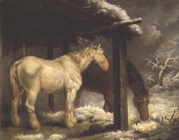 Shire Horses ved et stråtak i et stormfullt vinterlandskap av George Morland