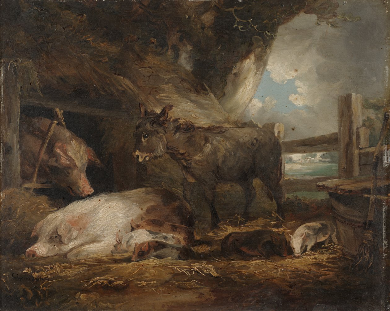 Besøk til grisestien (olje om bord) av George Morland