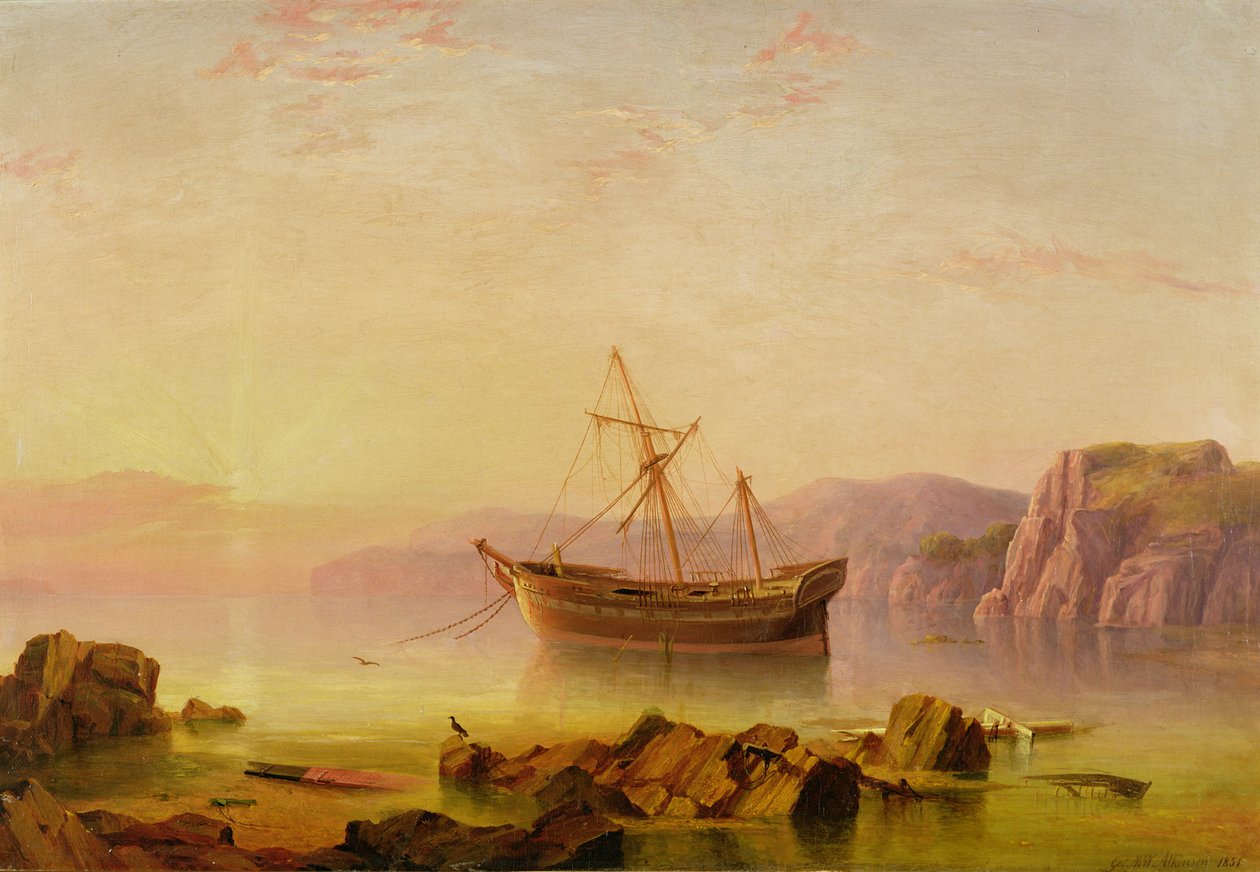 Et skip for anker i en bukt ved solnedgang av George Mounsey Wheatley Atkinson