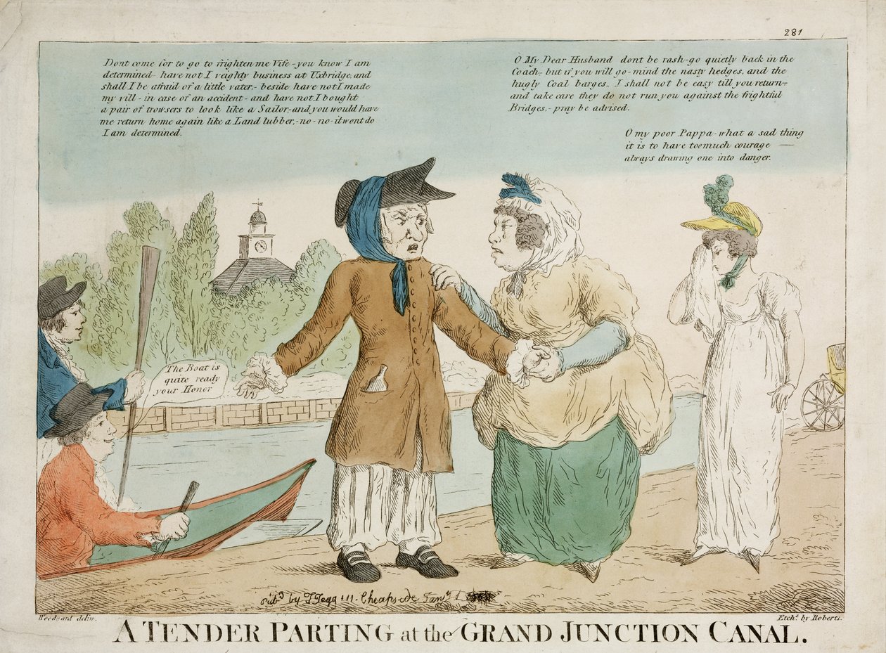 En øm avskjed ved Grand Junction Canal, gravert av Roberts, 1810-tallet (håndfarget etsning) av George Moutard Woodward