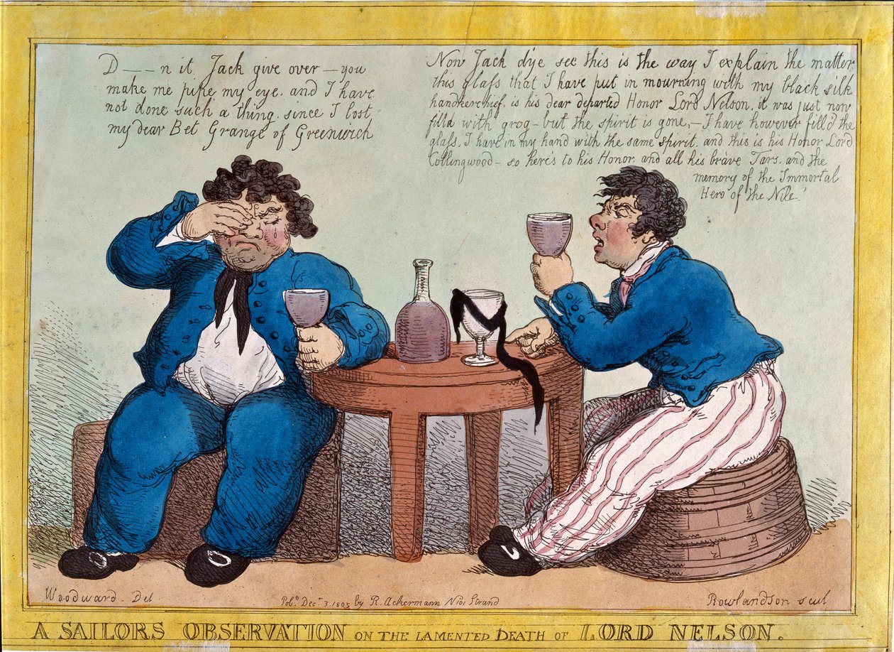 En sjømanns observasjon på Lord Nelsons beklagede død, gravert av Thomas Rowlandson (1756-1827) utgitt av Rudolph Ackermann, 3. desember 1805 (farget etsning) av George Moutard Woodward