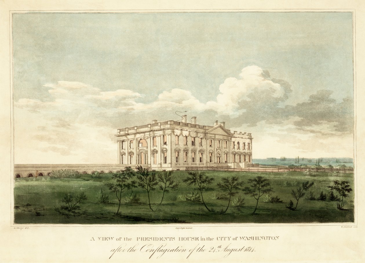 En utsikt over Presidents House i City of Washington etter brannen den 24. august 1814, pub. 1814 av George Moutard Woodward