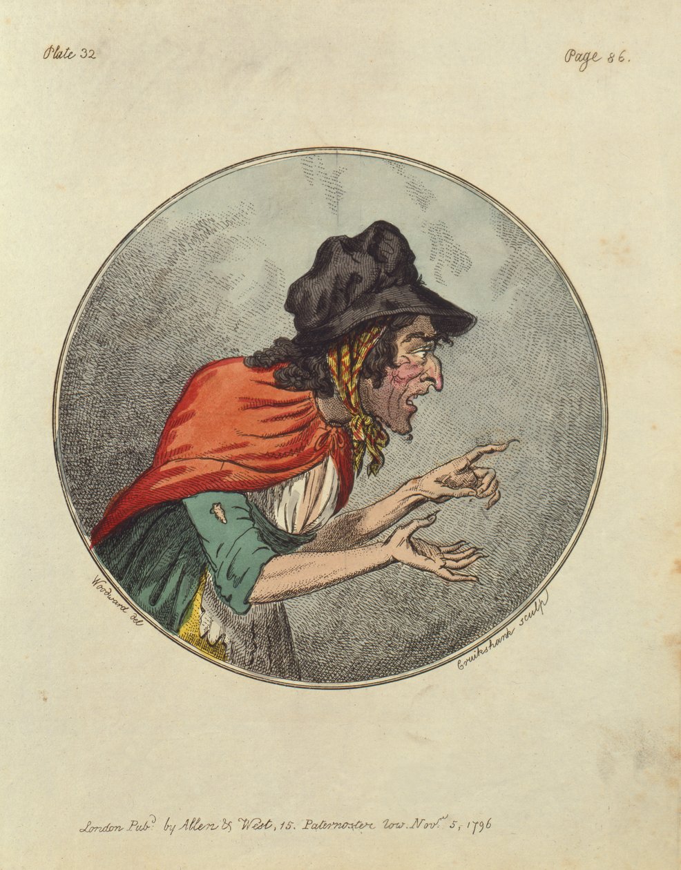 Tegneserie av en gammel kvinne, etset av Isaac Cruikshank av George Moutard Woodward