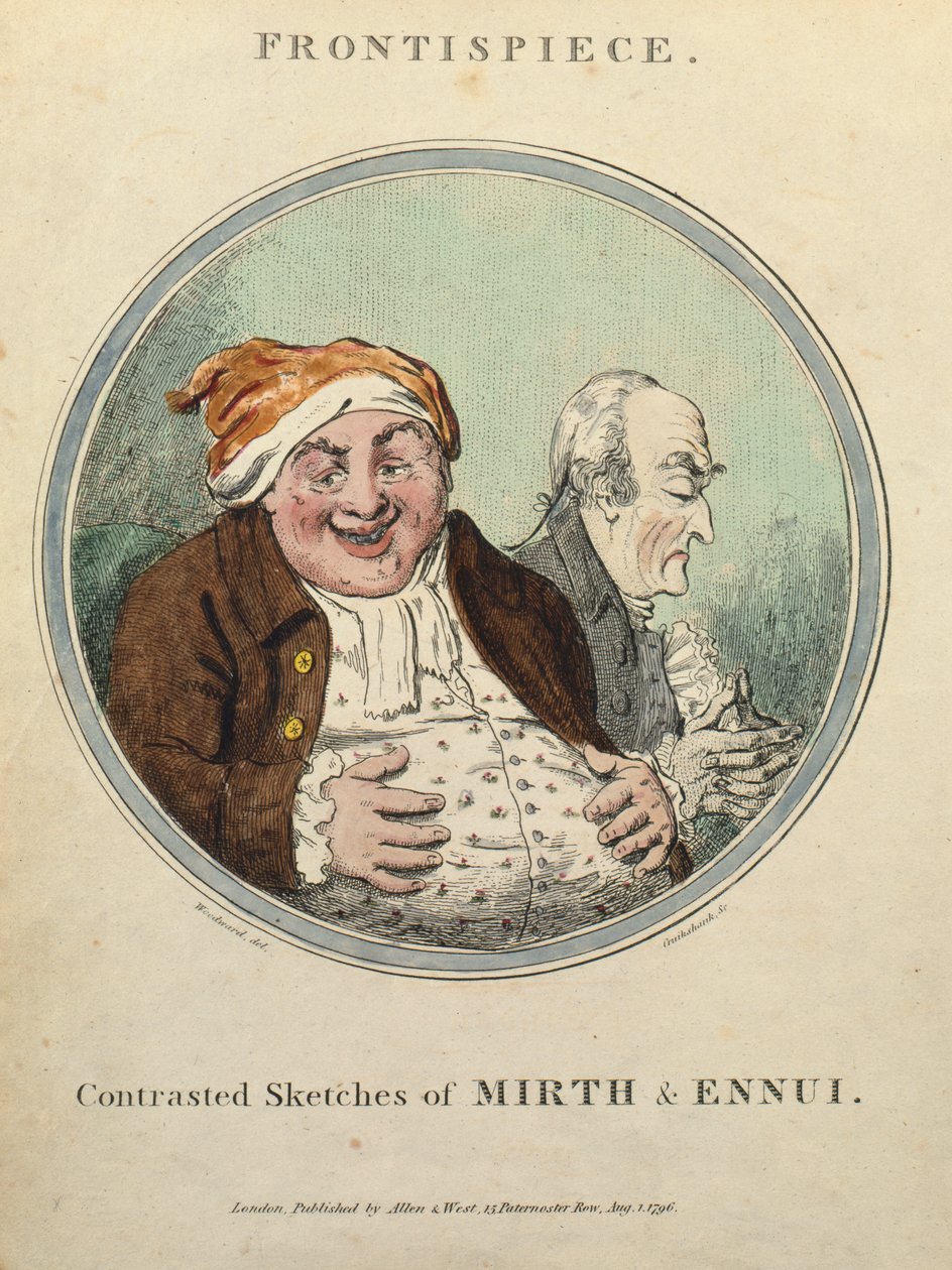 Kontrasterte Sketches of Mirth and Ennui (håndfarget etsning) av George Moutard Woodward