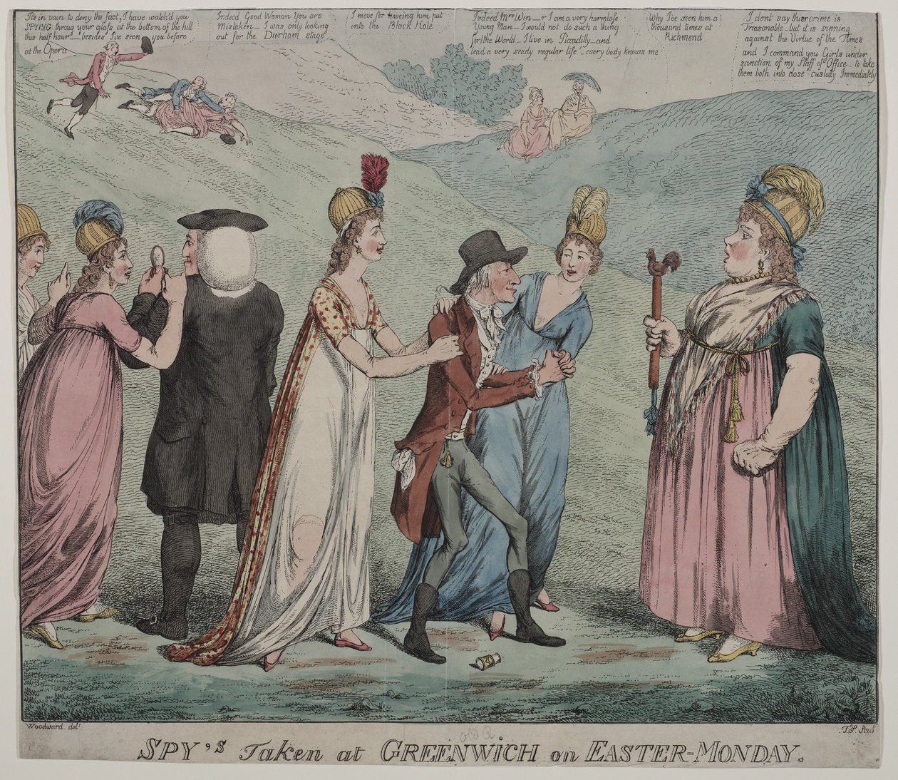 Mor Windsor med fire av hennes kurtisaner beordrer jentene sine til å arrestere biskopen av Durham og hertugen av Queensbury, 1798 (fargetsning) av George Moutard Woodward