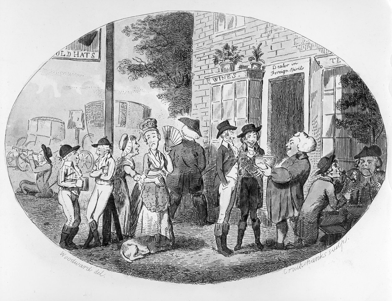 Utenfor Old Hats Tavern, gravert av Isaac Cruikshank, 1796 av George Moutard Woodward
