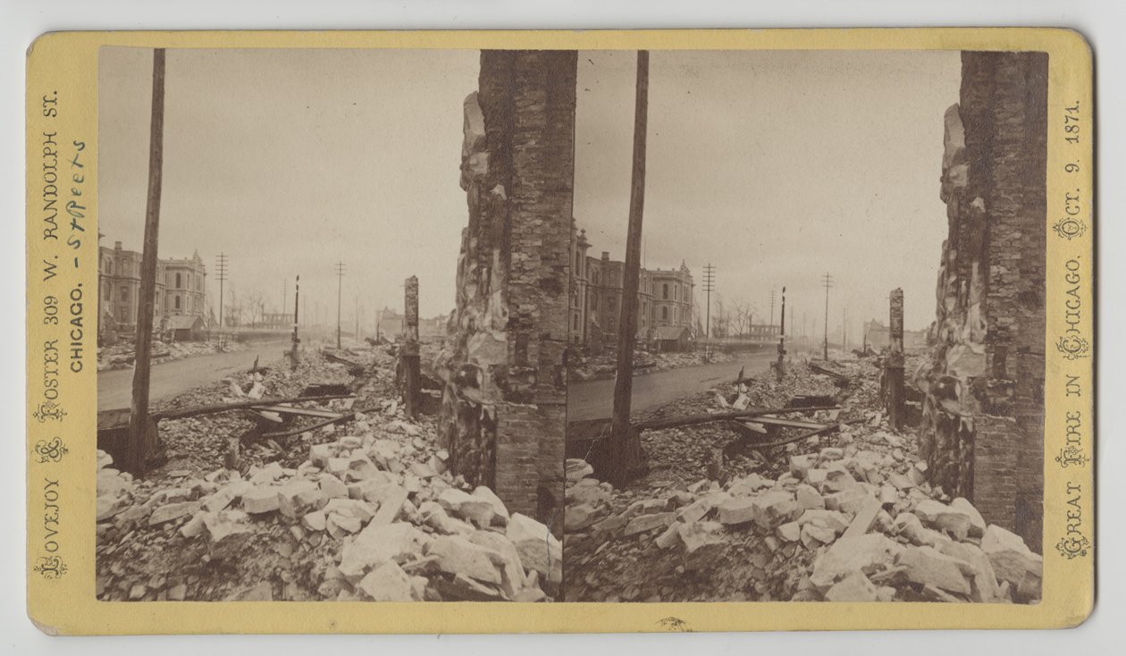 Stereograf av Washington Street fra hjørnet av LaSalle Street med utsikt østover etter Chicago-brannen i 1871, 1871 (bw-bilde på kortfeste) av George N. Barnard