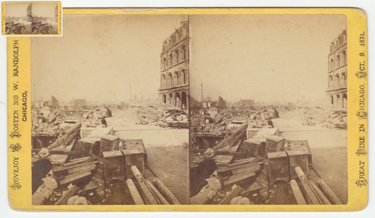 Stereograf av safer tatt fra ruiner på Dearborn Street etter Chicago-brannen i 1871, 1871 (bw-bilde på kortfeste) av George N. Barnard