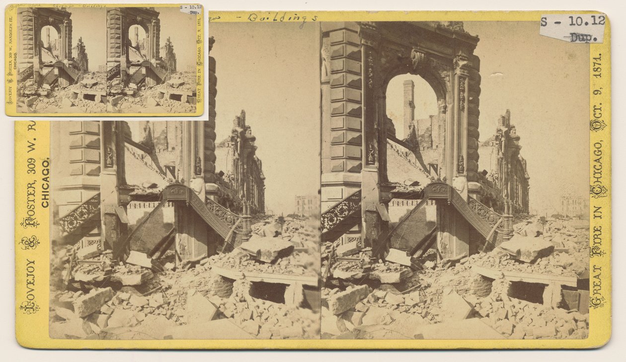 Stereograf av Bryan Block på det nordvestlige hjørnet av Monroe og LaSalle Streets etter Chicago Fire i 1871, 1871 (bw-bilde på kortfeste) av George N. Barnard