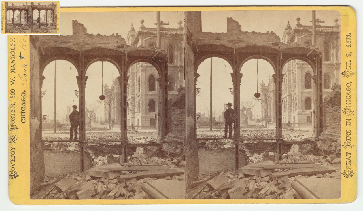 Stereograf av tinghuset sett gjennom ruinene av østsiden av Clark Street etter Chicago-brannen i 1871, 1871 (bw-foto på kortfeste) av George N. Barnard