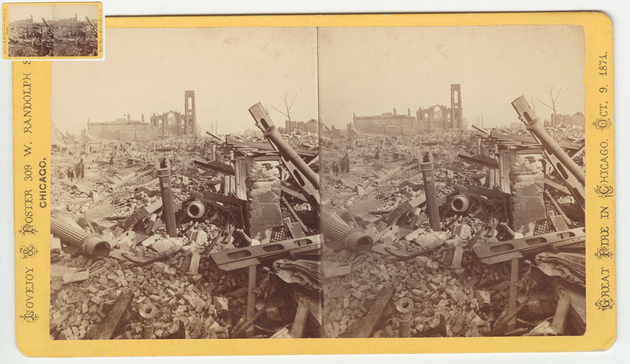 Stereograf av ruinene av Mammoth Store of Field & Leiter etter Chicago-brannen i 1871, 1871 (bw-bilde på kortfeste) av George N. Barnard