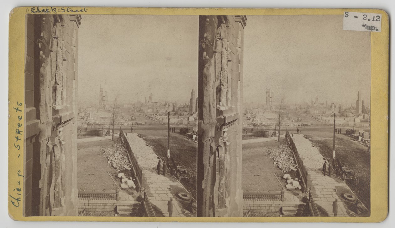 Stereografisk utsikt over Clark Street etter Chicago-brannen i 1871 av George N. Barnard