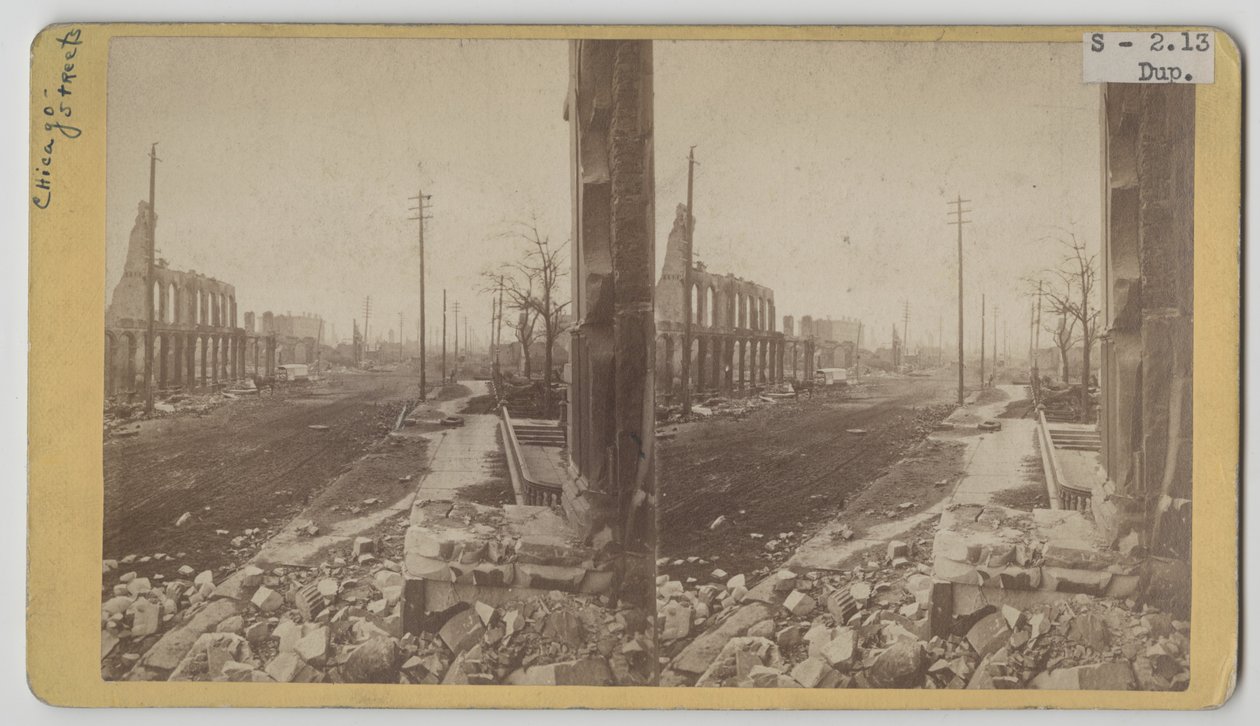 Stereografisk utsikt over Clark Street etter Chicago-brannen i 1871 av George N. Barnard
