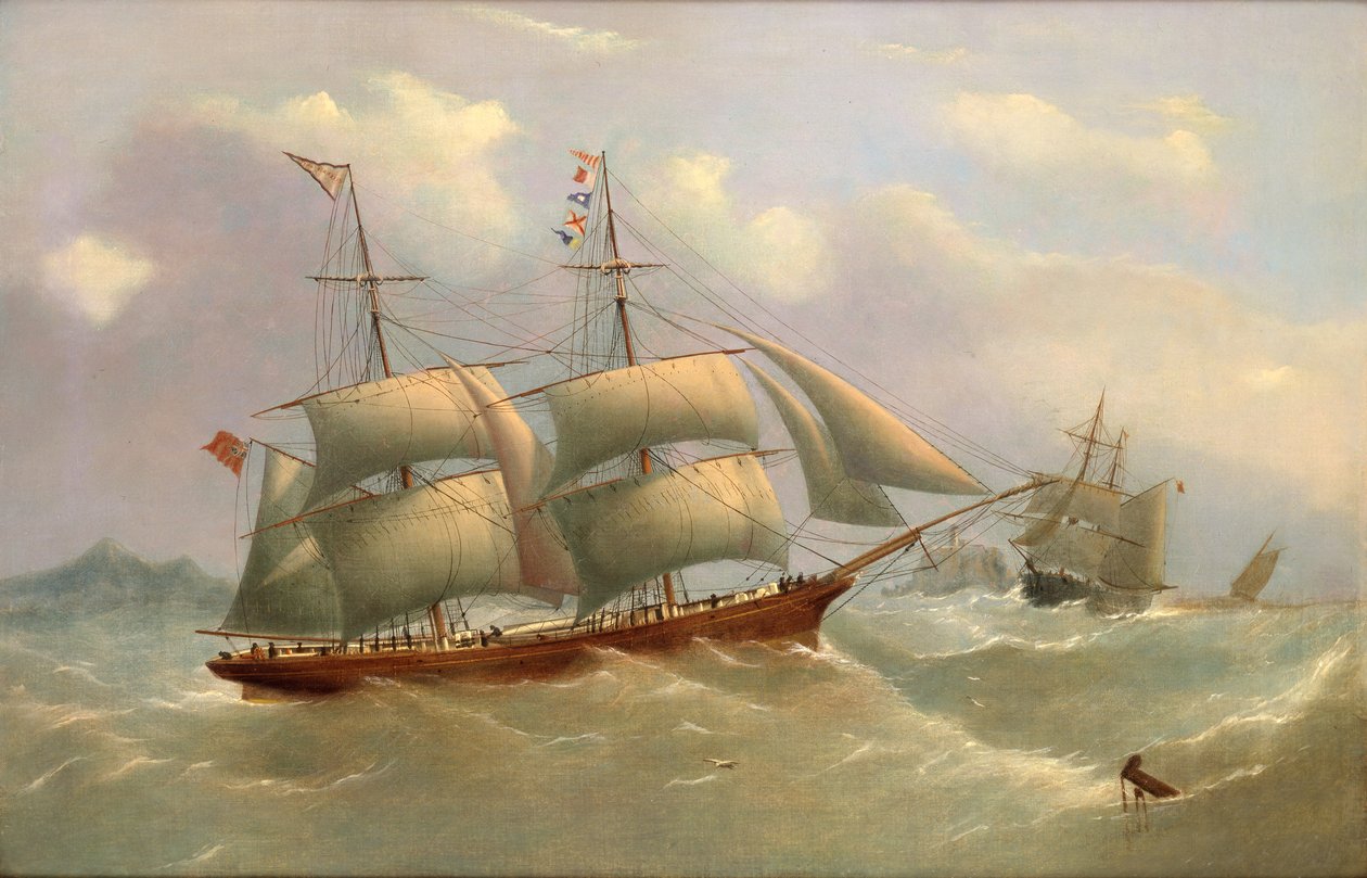 Ellen Ashcroft fra Whitehaven under redusert seil, i to posisjoner utenfor et steinete nes, ca. 1868 (olje på lerret) av George Nelson