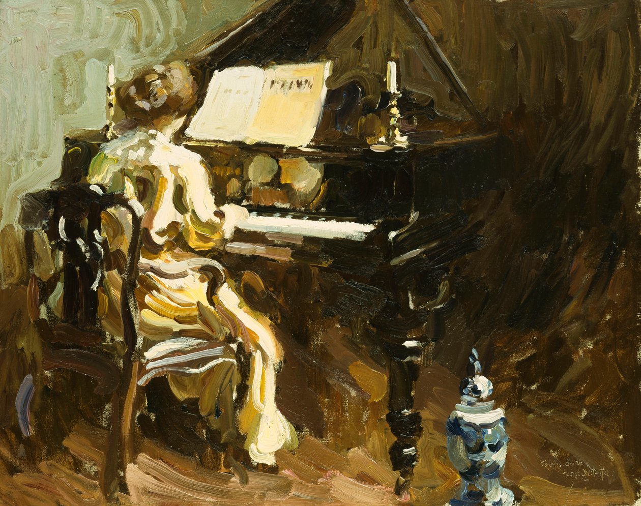 Woman at the Piano (olje på lerret) av George Oberteuffer