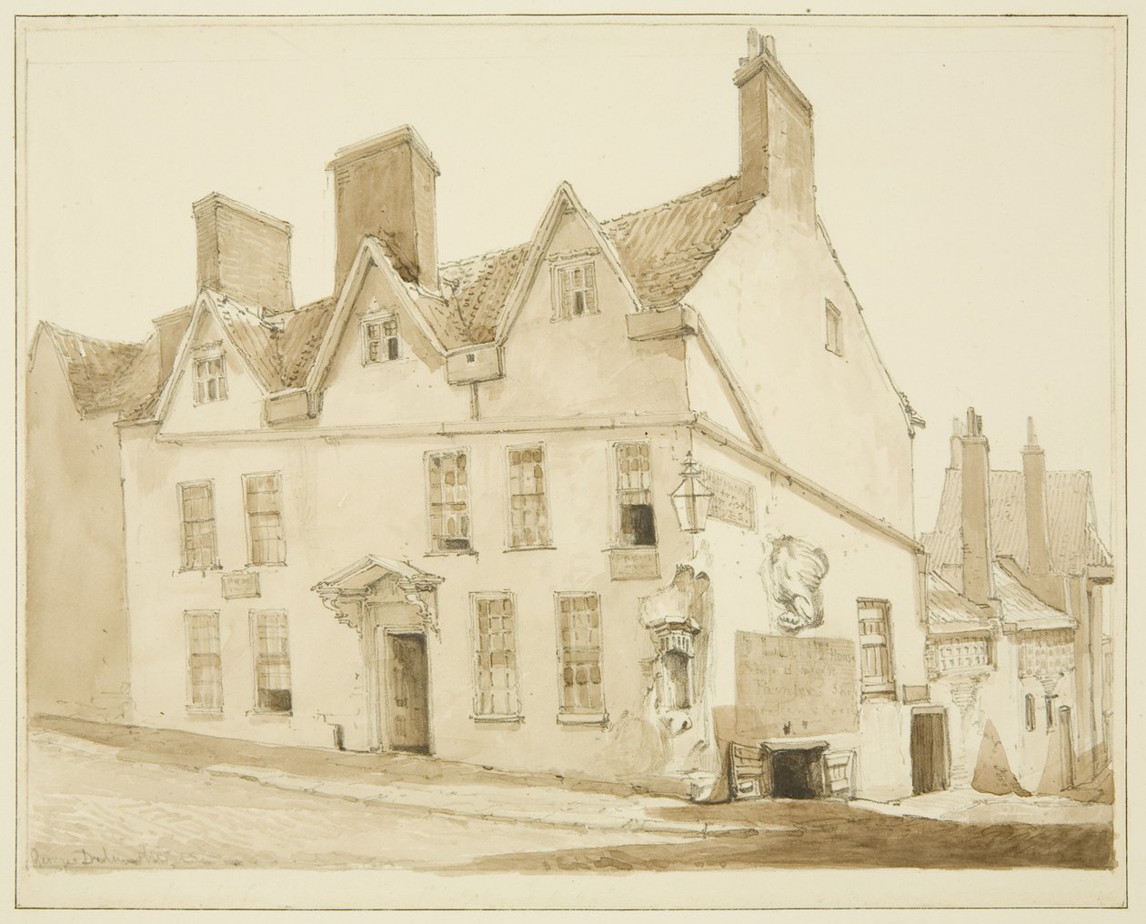 Corner of Pipe Lane og Frogmore Street (blyant og akvarell på papir) av George Orleans Delamotte