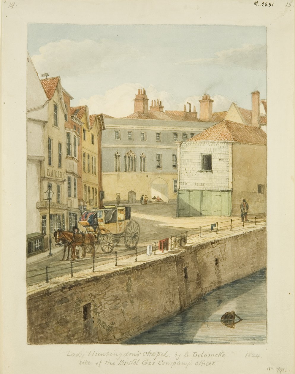 Lady Huntingdons kapell sett fra Drawbridge (blyant og akvarell på papir) av George Orleans Delamotte