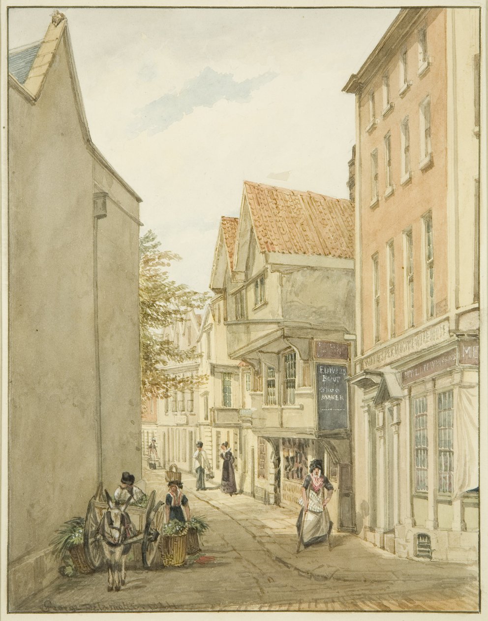 Ser nedover Small Street (blyant og akvarell på papir) av George Orleans Delamotte